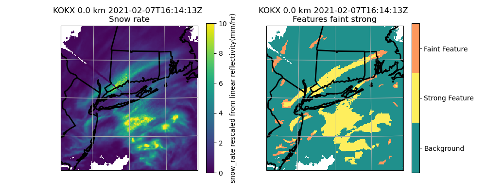 KOKX 0.0 km 2021-02-07T16:14:13Z  Snow rate, KOKX 0.0 km 2021-02-07T16:14:13Z  Features faint strong